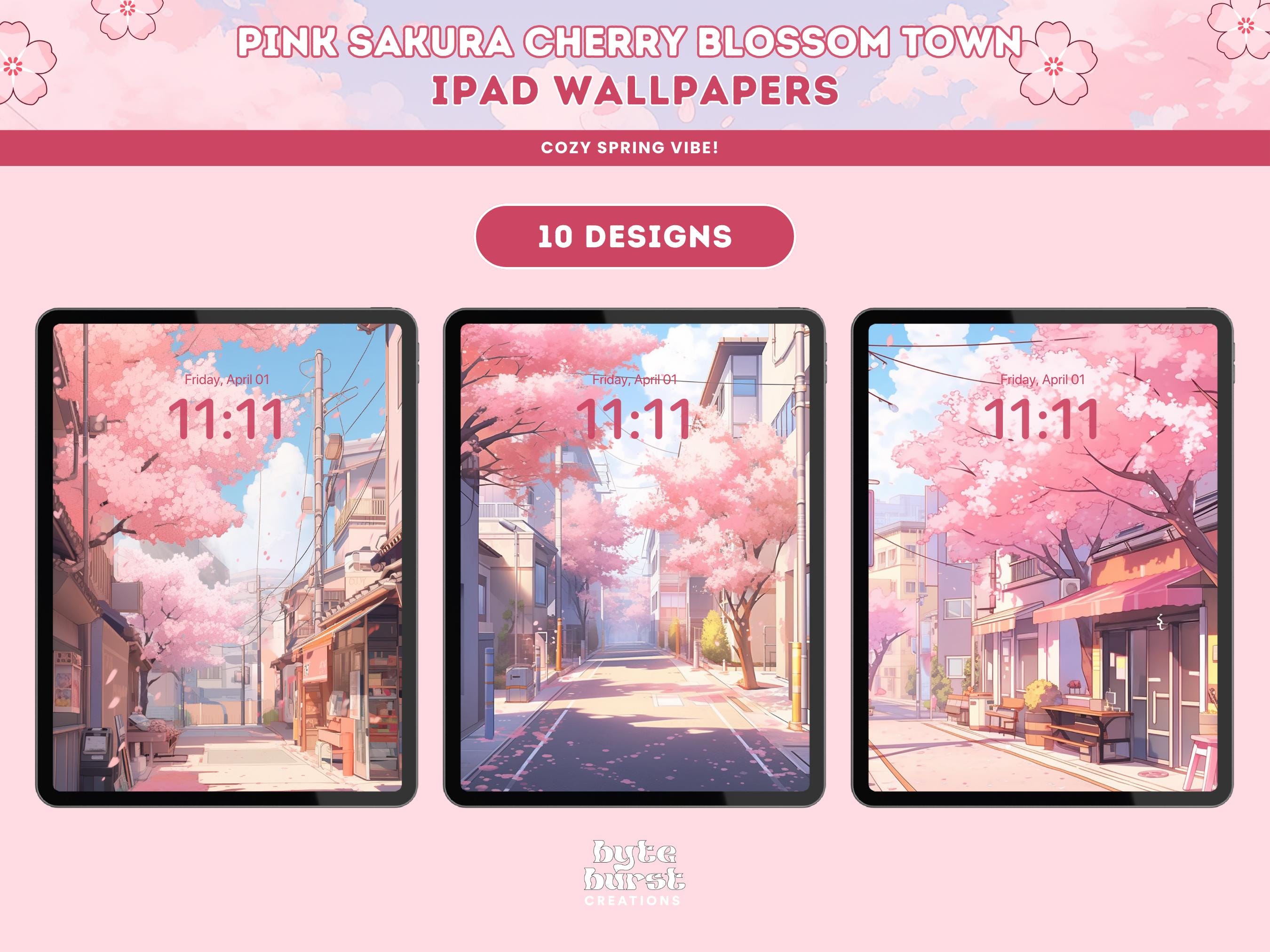 Sakura Cherry Blossom iPad Wallpaper: Cozy Town Lofi (digital