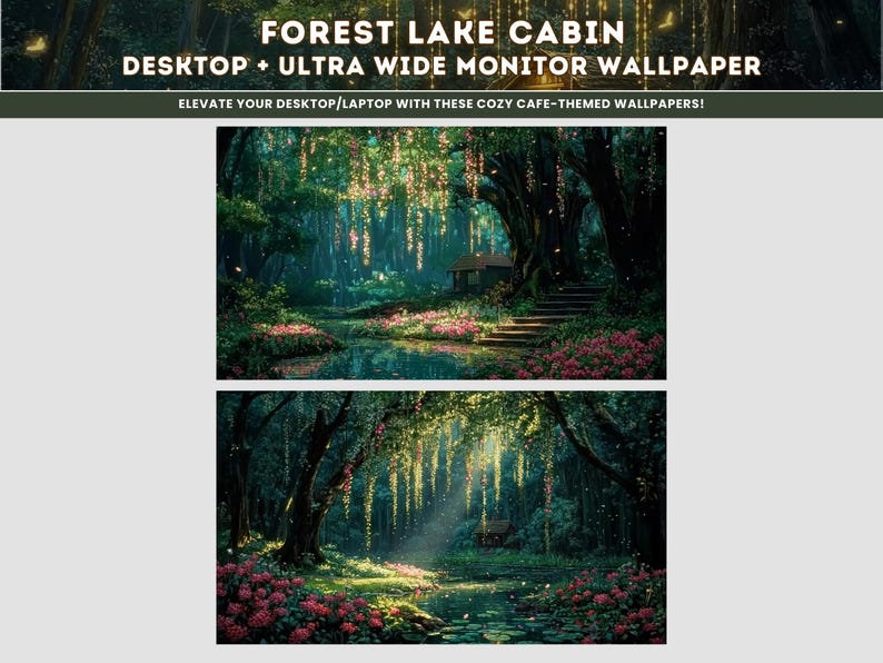 Aesthetic Green Whimsical Forest Lake Cabin Cottagecore Wallpaper