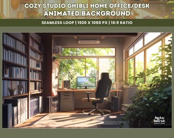 Cozy Studio Ghibli Animated Office Desk Background Cottagecore Lofi Study Animation Seamless Loop for YouTube, Twitch, VTuber & Streaming