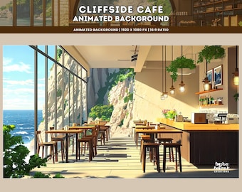 Lofi Cliffside Cafe Animated Background: Cozy VTuber Stream Scene (Digital Download)