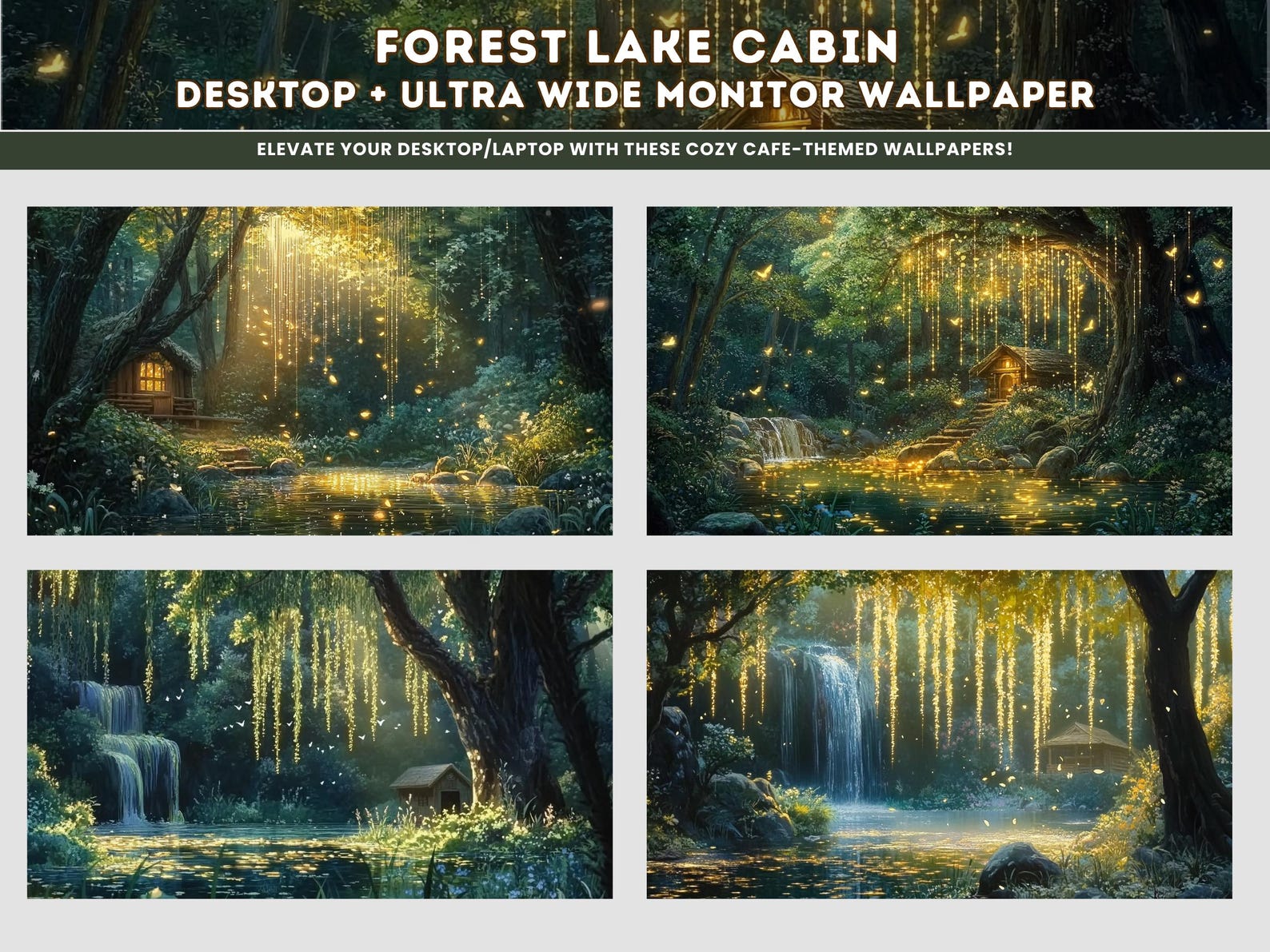 Aesthetic Green Whimsical Forest Lake Cabin Cottagecore Wallpaper