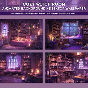 Könnte beinhalten: Eine digitale Illustration eines gemütlichen Hexenzimmers mit einem Bett, Bücherregalen und Kerzen. Der Raum ist in Lila- und Blautönen gehalten und mit magischen Gegenständen dekoriert. Der Text "COZY WITCH ROOM ANIMATED BACKGROUND + DESKTOP WALLPAPER COZY EERIE WITCH ROOM VIBED. PERFECT FOR STREAMERS AND YOUTUBERS." befindet sich oben im Bild.