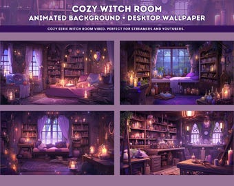 Fondo animado de la habitación de la bruja morada, bucle continuo, YouTube, Vtuber, Twitch, transmisión, animación de escritorio, fondo de pantalla animado oscuro, fondo acogedor