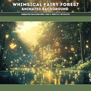 May include: An animated background image of a whimsical fairy forest. The scene features a cozy cottage nestled on a hill, surrounded by trees and a shimmering lake. Glowing butterflies and light beams add to the magical atmosphere. Text reads: "WHIMSICAL FAIRY FOREST ANIMATED BACKGROUND".