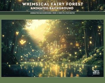 May include: An animated background image of a whimsical fairy forest. The scene features a cottage on a hill, surrounded by trees and a shimmering lake. Glowing butterflies and light beams add to the magical atmosphere. Text reads: "WHIMSICAL FAIRY FOREST ANIMATED BACKGROUND".