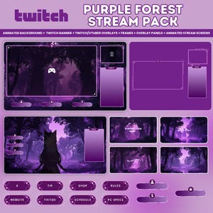 Animierte Stream Pack Lila Natur Wald Magisch Twitch Panel Overlay Animierter Hintergrund Stream Bildschirm Vtuber Paket Cozy Lofi OBS