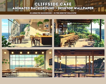 Fondo animado acogedor de Lofi con escena de cafetería en el acantilado, superposición de Twitch, fondo de pantalla de Vtuber inspirado en Ghibli, fondo animado de YouTube en HD