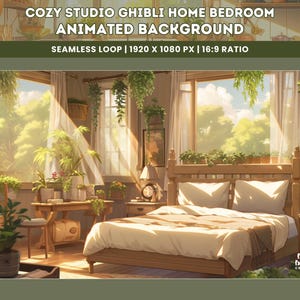 May include: A cozy bedroom with a wooden bed, white bedding, and a window with a view of a lush green forest. The room is decorated with plants and a wooden table with books. The text "COZY STUDIO GHIBLI HOME BEDROOM ANIMATED BACKGROUND SEAMLESS LOOP | 1920 X 1080 PX | 16:9 RATIO" is displayed at the top of the image. The text "byte barst CREATIONS" is displayed in the bottom right corner of the image.