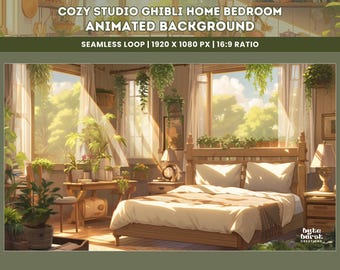 Könnte beinhalten: Ein gemütliches Schlafzimmer mit einem Holzbett, weißen Bettwäsche und einem Fenster mit Blick auf einen üppigen grünen Wald. Der Raum ist mit Pflanzen und einem Holztisch mit Büchern dekoriert. Der Text "COZY STUDIO GHIBLI HOME BEDROOM ANIMATED BACKGROUND SEAMLESS LOOP | 1920 X 1080 PX | 16:9 RATIO" wird oben im Bild angezeigt. Der Text "byte barst CREATIONS" wird unten rechts im Bild angezeigt.