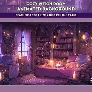 May include: An animated background featuring a cozy witch's room with a bed, bookshelves, candles, and a window with a view of a starry night sky. The room is decorated with magical elements, such as a crystal ball and a wreath of ivy. The text "COZY WITCH ROOM ANIMATED BACKGROUND SEAMLESS LOOP | 1920 X 1080 PX | 16:9 RATIO" is displayed at the top of the image.