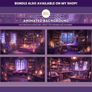 May include: Four animated backgrounds featuring a cozy witch's room with bookshelves, candles, and a bed. The room has a purple and blue color scheme and a magical atmosphere.