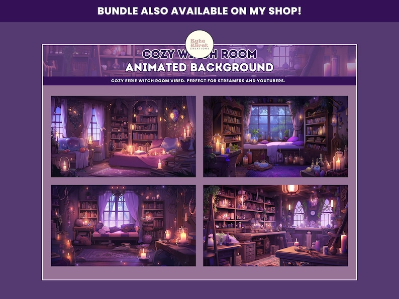 May include: Four animated backgrounds featuring a cozy witch's room with bookshelves, candles, and a bed. The room has a purple and blue color scheme and a magical atmosphere.