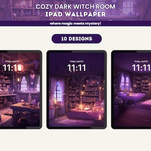 May include: Three digital iPad screen mockups showing a dark purple and black witchy room with a bookshelf, a bed, and a window. The time is 11:11 on each screen. The text "COZY DARK WITCH ROOM IPAD WALLPAPER where magic meets mystery! 10 DESIGNS" is at the top of the image.