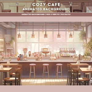 Fondo animado de cafetería acogedora inspirada en Lofi Ghibli Superposición de Twitch Cottagecore Transmisión de Vtuber Arte digital Fondo animado de Youtube