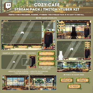 Cozy Modern Cafe Twitch Stream Pack Anime Vtuber Overlay Lofi Animated Background Streamlabs OBS Stream Screen Chill Stream Ghibli Aesthetic