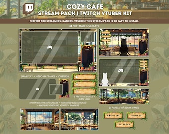 Cozy Cafe Stream Pack, Animated Twitch Vtuber Overlay (Digital Download)