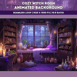 May include: A cozy witch's room with a large window overlooking a forest. The room is decorated with bookshelves, candles, and potion bottles. The window is open and the curtains are drawn back. The room is lit by the light of the candles and the moon shining through the window. The text "COZY WITCH ROOM ANIMATED BACKGROUND SEAMLESS LOOP | 1920 X 1080 PX | 16:9 RATIO" is displayed at the top of the image. The text "byte burst CREATIONS" is displayed at the bottom of the image.