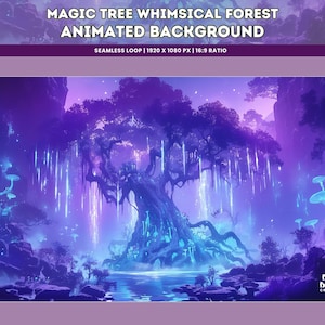 Albero magico viola Foresta stravagante Sfondo animato Loop senza soluzione di continuità per YouTube Twitch VTuber Fantasy Meeting Live Wallpaper Zoom BG