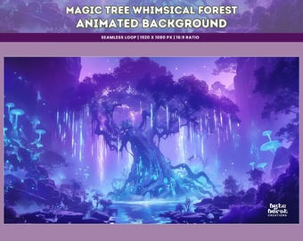 May include: A whimsical animated background featuring a large, glowing purple tree with blue lights cascading down. The tree is surrounded by a forest of glowing mushrooms and a small lake. The background is a gradient of purple and blue.