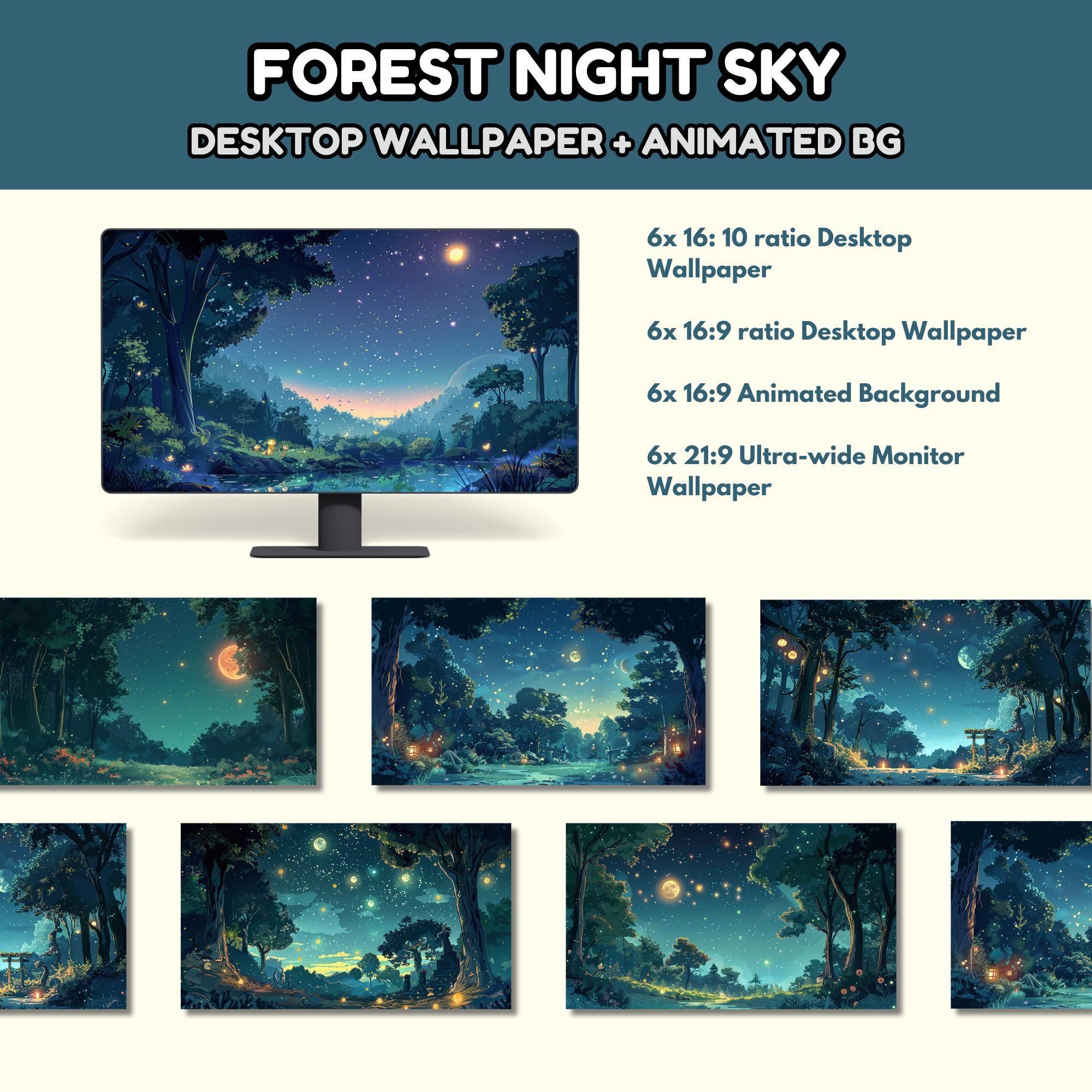 Paquete de fondos de pantalla de escritorio acogedores y caprichosos con cielo nocturno de bosque verde y azul / Naturaleza de estilo cottagecore de estilo lofi / Conjunto de fondos de pantalla digitales HD para monitor ultra ancho