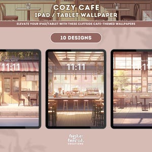 May include: Three digital illustrations of a cafe interior with a red striped awning, a bar counter, and a window view. The cafe is empty with tables and chairs. The time is 11:11 on the clock. The text "COZY CAFE" and "IPAD/TABLET WALLPAPER" is at the top of the image. The text "10 DESIGNS" is in the middle of the image. The text "byke bursk CREATIONS" is at the bottom of the image.