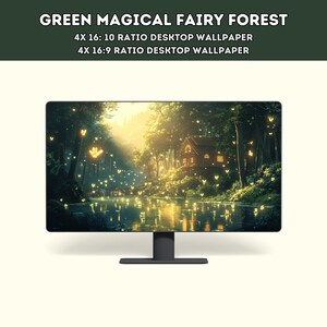 May include: A digital illustration of a magical forest with a small cottage, a river, and glowing butterflies. The forest is green and lush, and the sky is a soft blue. The image is perfect for a desktop wallpaper.