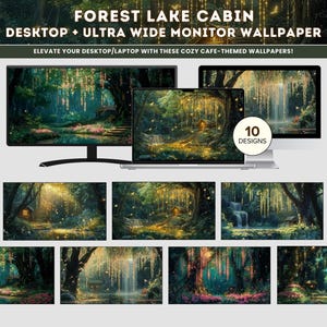 Fondo de pantalla de estilo rústico con un bosque verde, caprichoso y cabaña en un lago. Arte digital para PC, MacBook y Windows.
