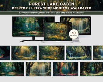 Aesthetic Green Whimsical Forest Lake Cabin Cottagecore Wallpaper Desktop Background Ultra-Wide Monitor Digital Art for Windows PC MacBook