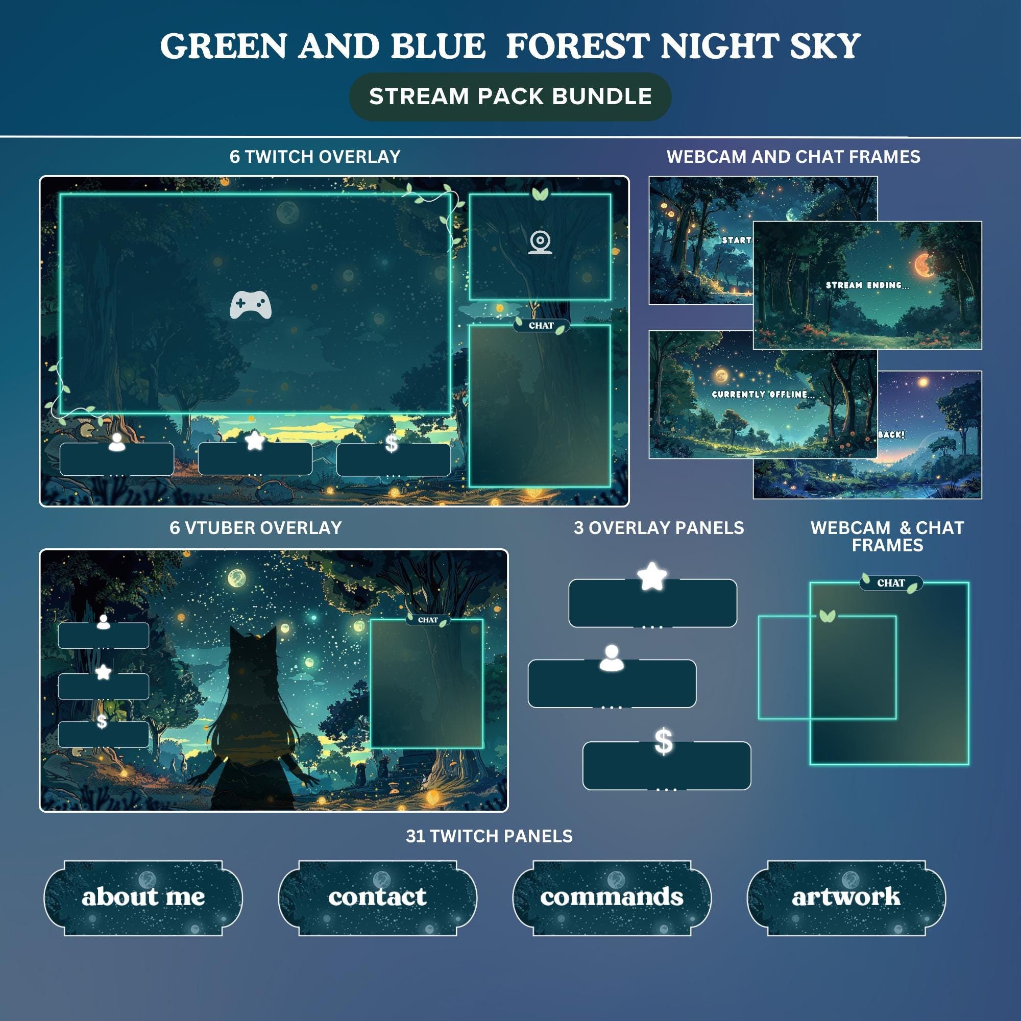 Green and Blue Forest Night Sky Animated Whimsical Cozy Twitch Stream Pack | Lofi Cottagecore Overlay for Streamers | Vtuber Overlay Stream