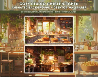 Fondo de pantalla de escritorio acogedor de cocina animada de Studio Ghibli, fondo de escritorio Cottagecore Lofi, fondo de YouTube Twitch Vtuber, transmisión animada