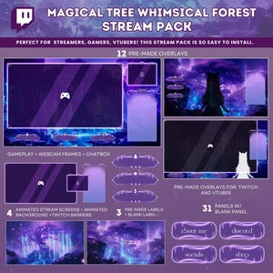 Paquete de transmisión animada: Árbol morado, bosque caprichoso, superposición animada para Twitch, fondo de VTuber Lofi, pantalla de transmisión animada, Streamlabs OBS