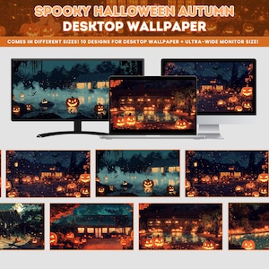 May include: A collection of 10 spooky Halloween autumn desktop wallpapers featuring a haunted house, jack-o'-lanterns, and a pool of water.  The wallpapers come in different sizes for desktop and ultra-wide monitors.