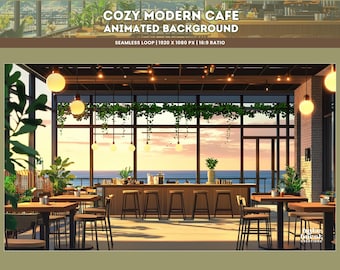 1x Cozy Animated Cafe Scene VTuber Twitch Stream Overlay Lofi Anime Aesthetic Wallpaper Relaxing Ghibli Coffee Shop Background