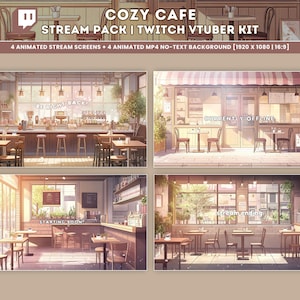 Peut inclure: Quatre &eacute;crans de diffusion Twitch anim&eacute;s repr&eacute;sentant l'int&eacute;rieur d'un caf&eacute; confortable avec un bar, des tables et des chaises. Les &eacute;crans affichent des superpositions de texte&nbsp;: &laquo;&nbsp;Be Right Back&nbsp;&raquo;, &laquo;&nbsp;Starting Soon&nbsp;&raquo;, &laquo;&nbsp;Stream Ending&nbsp;&raquo; et &laquo;&nbsp;Currently Offline&nbsp;&raquo;.
