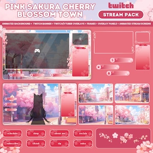 Animated Stream Pack Pink Sakura Cherry Blossom Kawaii Cottagecore Cozy Twitch Overlay Animated Background Stream Screen Vtuber Package