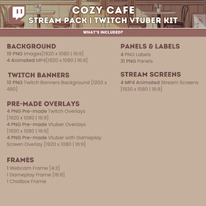 Peut inclure: Une illustration num&eacute;rique d'un caf&eacute; confortable avec une liste d'&eacute;l&eacute;ments inclus dans un pack de diffusion Twitch et un kit VTuber. Les &eacute;l&eacute;ments comprennent des arri&egrave;re-plans, des banni&egrave;res, des superpositions, des cadres, des panneaux et des &eacute;tiquettes. Le texte "COZY CAFE" est en haut de l'image.