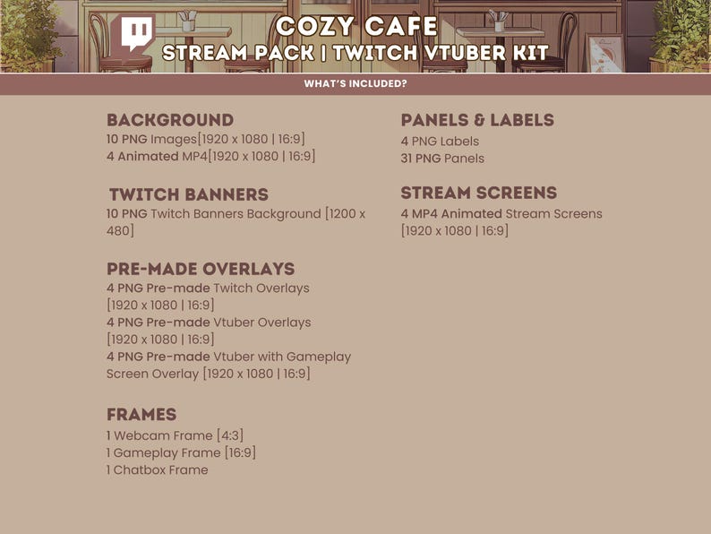 Peut inclure: Une illustration num&eacute;rique d'un caf&eacute; confortable avec une liste d'&eacute;l&eacute;ments inclus dans un pack de diffusion Twitch et un kit VTuber. Les &eacute;l&eacute;ments comprennent des arri&egrave;re-plans, des banni&egrave;res, des superpositions, des cadres, des panneaux et des &eacute;tiquettes. Le texte "COZY CAFE" est en haut de l'image.