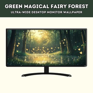 May include: A wide-screen monitor displaying a digital illustration of a magical forest with a river, green trees, and glowing yellow hearts.