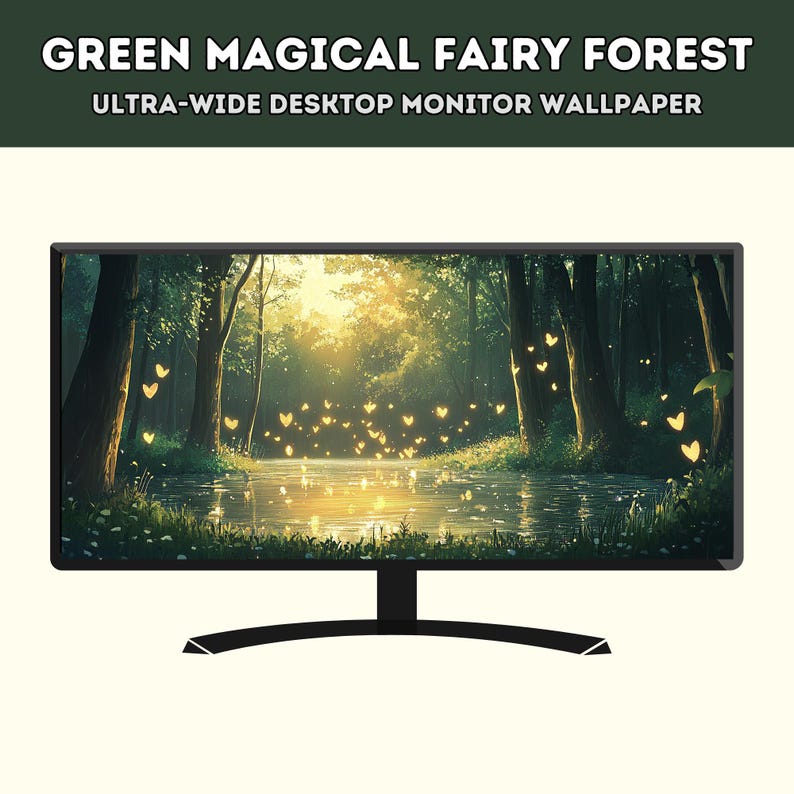 May include: A wide-screen monitor displaying a digital illustration of a magical forest with a river, green trees, and glowing yellow hearts.