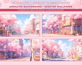 Animowane tło z różowym kwiatem wiśni Sakura, przytulna wiosna w stylu lofi (pobieranie cyfrowe)