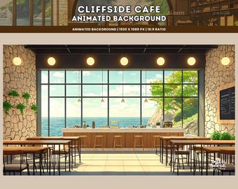 Könnte beinhalten: Animierter Hintergrund eines Cafés am Meer. Das Café verfügt über ein großes Fenster mit Blick auf das Meer, eine Holzbar mit Hockern und Tischen mit Stühlen. Der Text "CLIFFSIDE CAFE ANIMATED BACKGROUND" wird oben angezeigt.