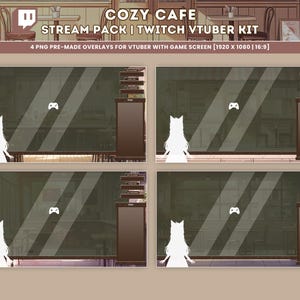 Peut inclure: Quatre superpositions Twitch VTuber pr&eacute;-con&ccedil;ues pour un th&egrave;me de caf&eacute; confortable. Chaque superposition pr&eacute;sente une silhouette blanche d'une personne aux cheveux longs, une ic&ocirc;ne de manette de jeu et un placard en bois brun avec des &eacute;tag&egrave;res. Les superpositions sont con&ccedil;ues pour un &eacute;cran de r&eacute;solution 1920 x 1080.