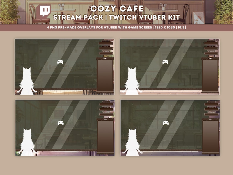 Peut inclure: Quatre superpositions Twitch VTuber pr&eacute;-con&ccedil;ues pour un th&egrave;me de caf&eacute; confortable. Chaque superposition pr&eacute;sente une silhouette blanche d'une personne aux cheveux longs, une ic&ocirc;ne de manette de jeu et un placard en bois brun avec des &eacute;tag&egrave;res. Les superpositions sont con&ccedil;ues pour un &eacute;cran de r&eacute;solution 1920 x 1080.