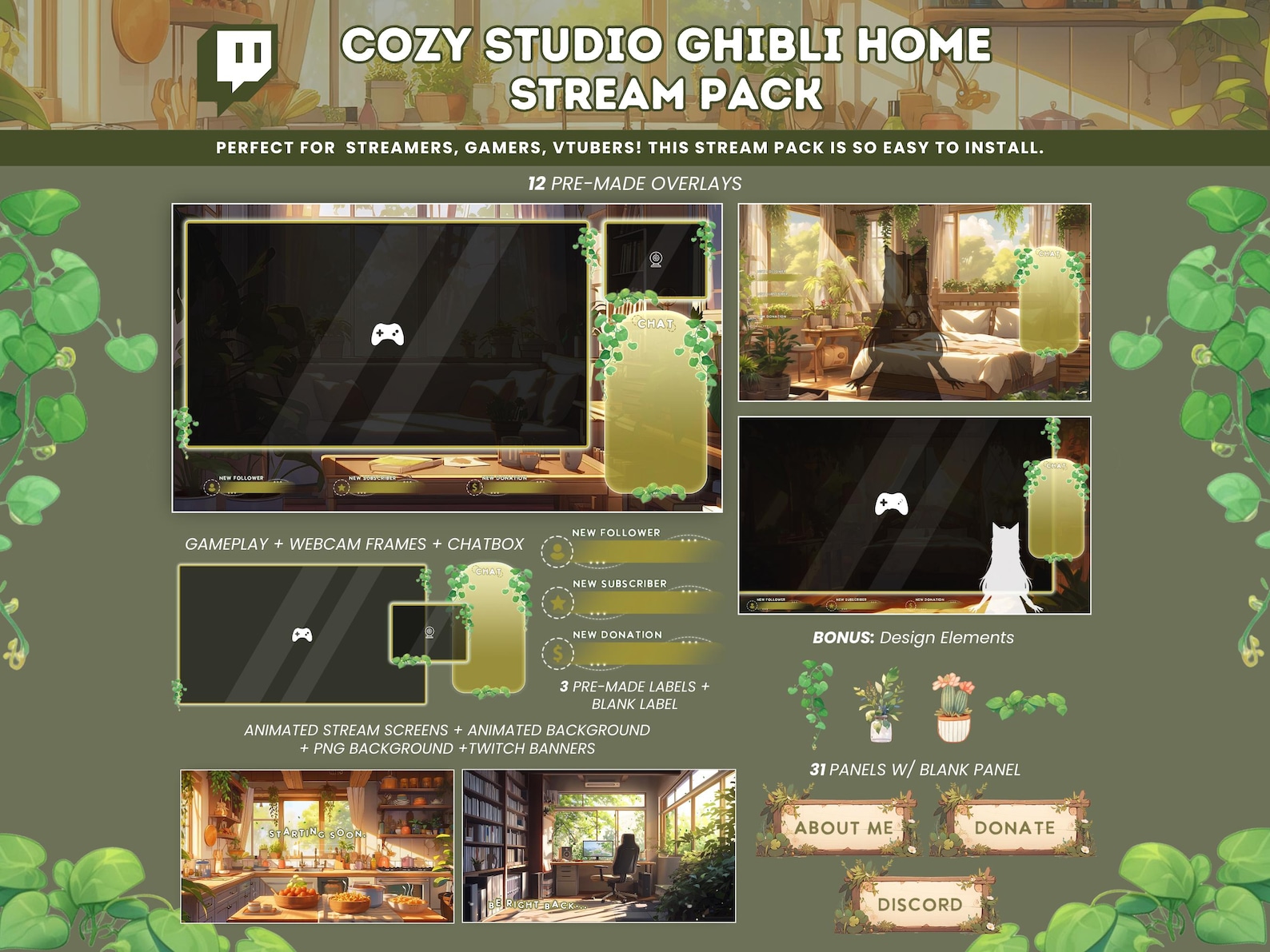 Cozy Stream Pack Studio Ghibli Cottagecore Home Twitch Overlay Vtuber ...