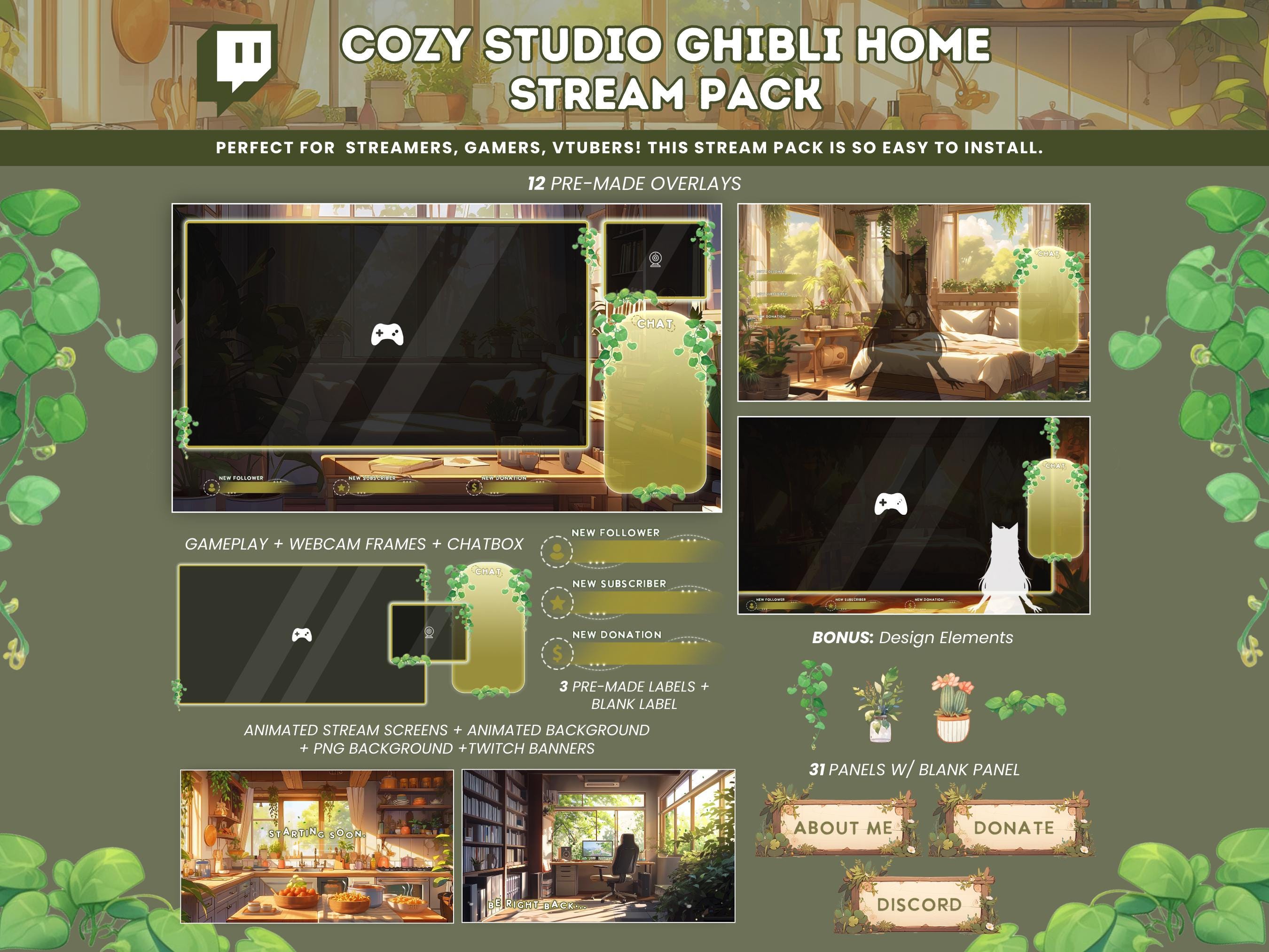 Cozy Stream Pack Studio Ghibli Cottagecore Home Twitch Overlay Vtuber Background Cozy Lofi Animated Background Stream Screen Streamlabs OBS