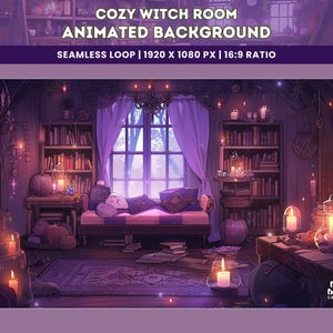 Witch Purple Room Animated Background Dark Cozy Seamless Loop for YouTube, Twitch, VTuber Gothic Aesthetic Stream Wallpaper