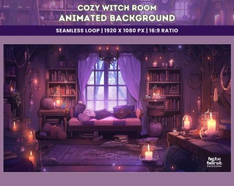 Witch Purple Room Animated Background Dark Cozy Seamless Loop for YouTube, Twitch, VTuber Gothic Aesthetic Stream Wallpaper