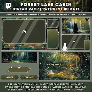 Green Whimsical Forest Lake Cabin Cottagecore Twitch Overlay Vtuber Animated Background Animated Stream Screens Streamlabs OBS
