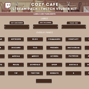 Peut inclure: Un ensemble de boutons marrons avec du texte blanc pour les streamers Twitch. Les boutons comprennent des &eacute;tiquettes comme "Just Subscribed!" et "Just Followed!" ainsi que des panneaux superpos&eacute;s pour "About Me", "Artwork", "Blog", "Commands", "Contact", "Credits", "Donate", "Discord", "FAQ", "Friends", "Instagram", "Games", "Ko-Fi", "Medias", "Merch", "Others", "Patreon", "PC Specs", "Playlists", "Rules", "Schedule", "Shop", "Socials", "Subscribe", "TikTok", "Tip", "Twitter", "Website", "X", et "YouTube".
