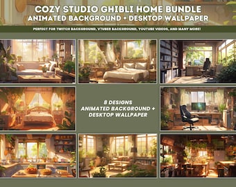PAQUETE de fondos de pantalla animados acogedores de Studio Ghibli inspirados en Cottagecore para el hogar, fondo de escritorio Lofi para YouTube, transmisión de Twitch de Vtuber BG